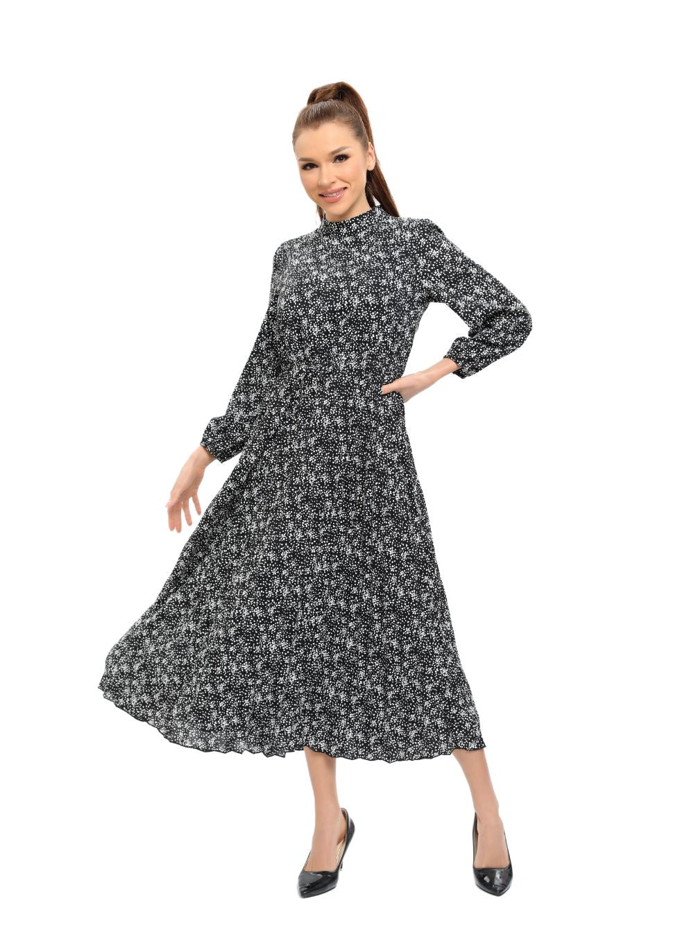 Elegant Floral Print Long Sleeve Midi Dress with Modest Cut - MissFinchNYC