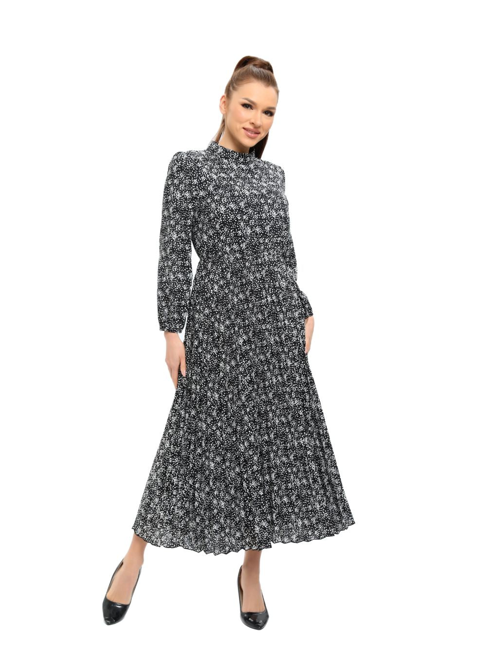 Elegant Floral Print Long Sleeve Midi Dress with Modest Cut - MissFinchNYC