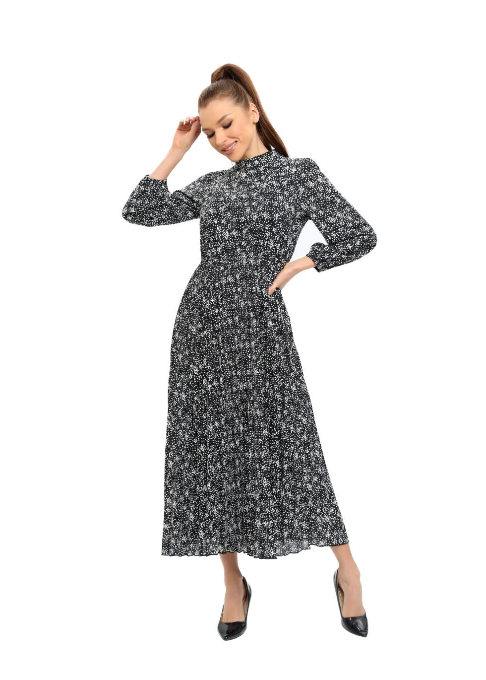 Elegant Floral Print Long Sleeve Midi Dress with Modest Cut - MissFinchNYC