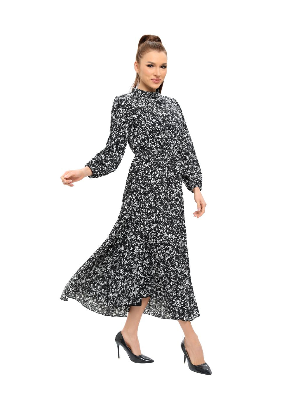 Elegant Floral Print Long Sleeve Midi Dress with Modest Cut - MissFinchNYC