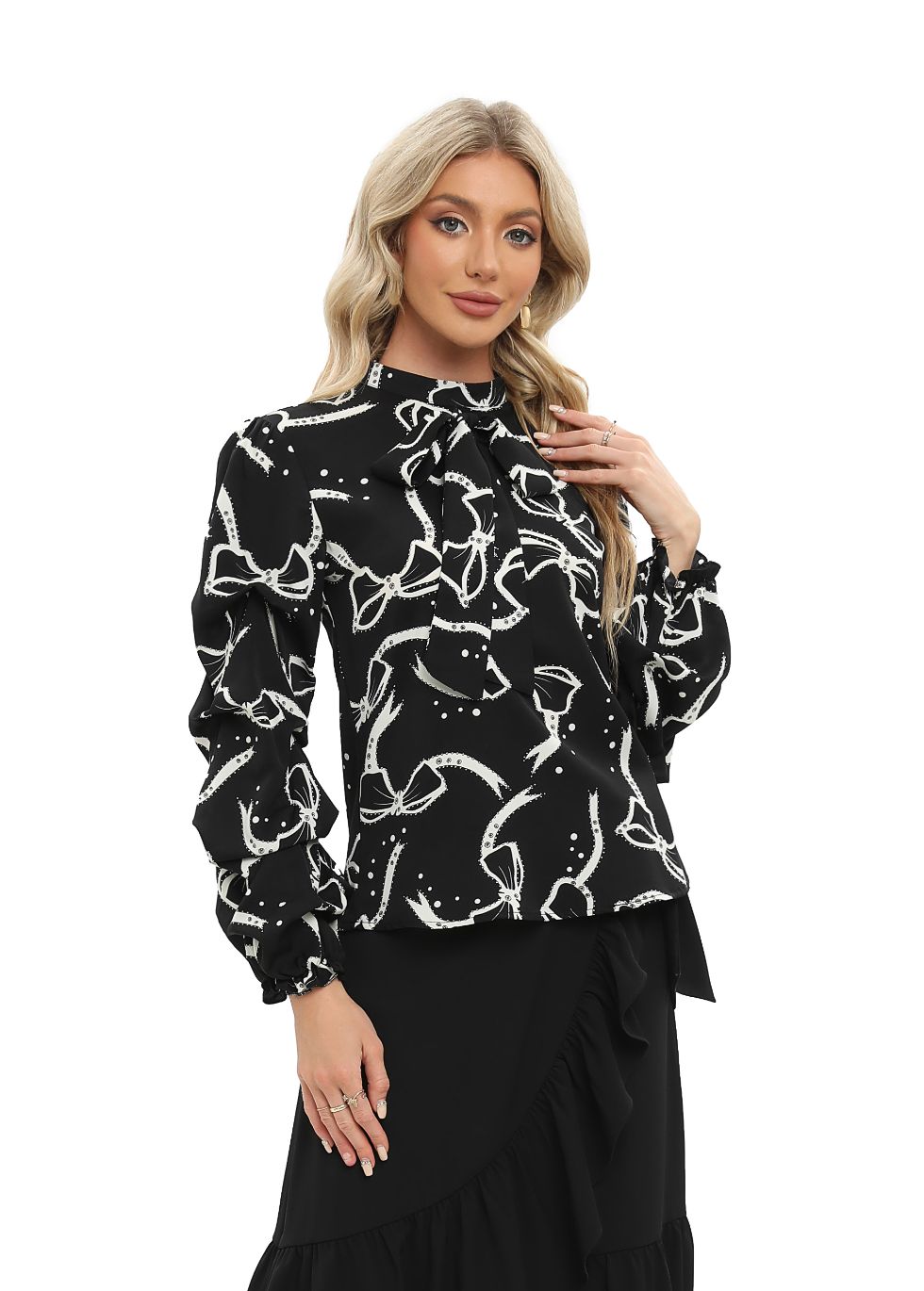 Tiered Long Sleeve Blouse with Front Tie - MissFinchNYC