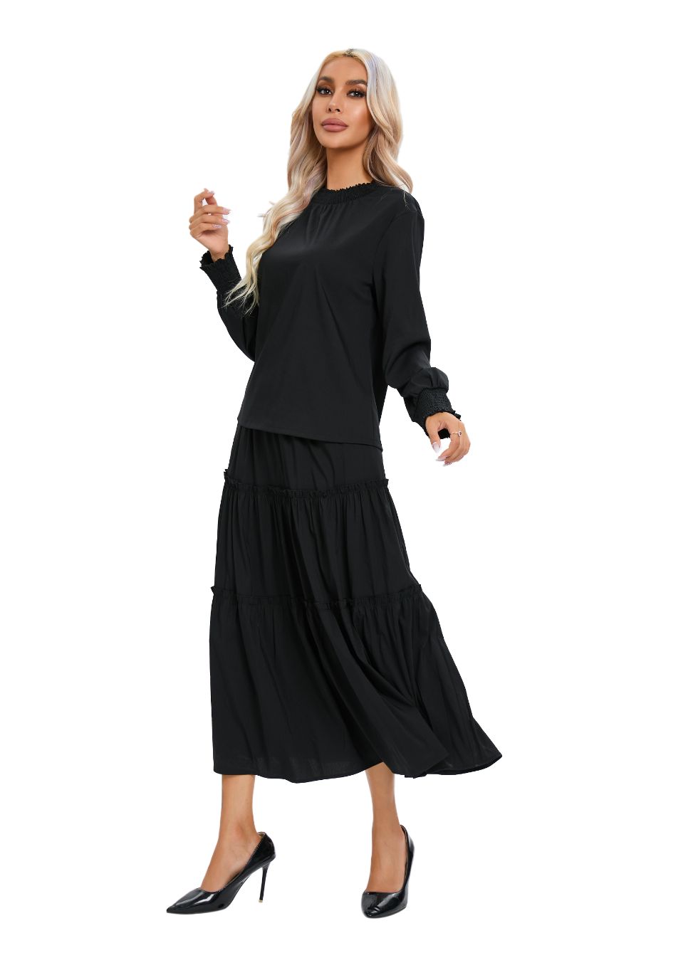 Long Sleeve Top and Tiered Skirt Midi Dress Set - MissFinchNYC