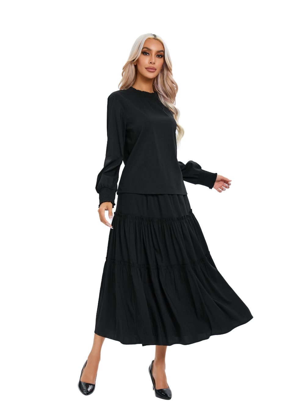 Long Sleeve Top and Tiered Skirt Midi Dress Set - MissFinchNYC