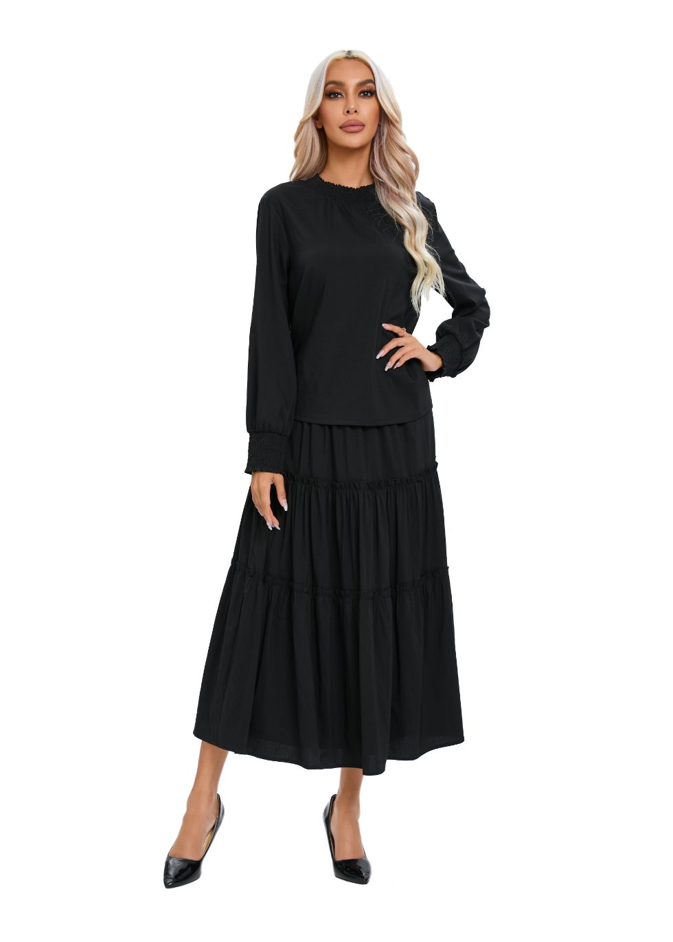 Long Sleeve Top and Tiered Skirt Midi Dress Set - MissFinchNYC