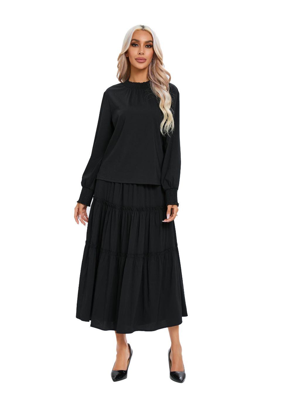 Long Sleeve Top and Tiered Skirt Midi Dress Set - MissFinchNYC