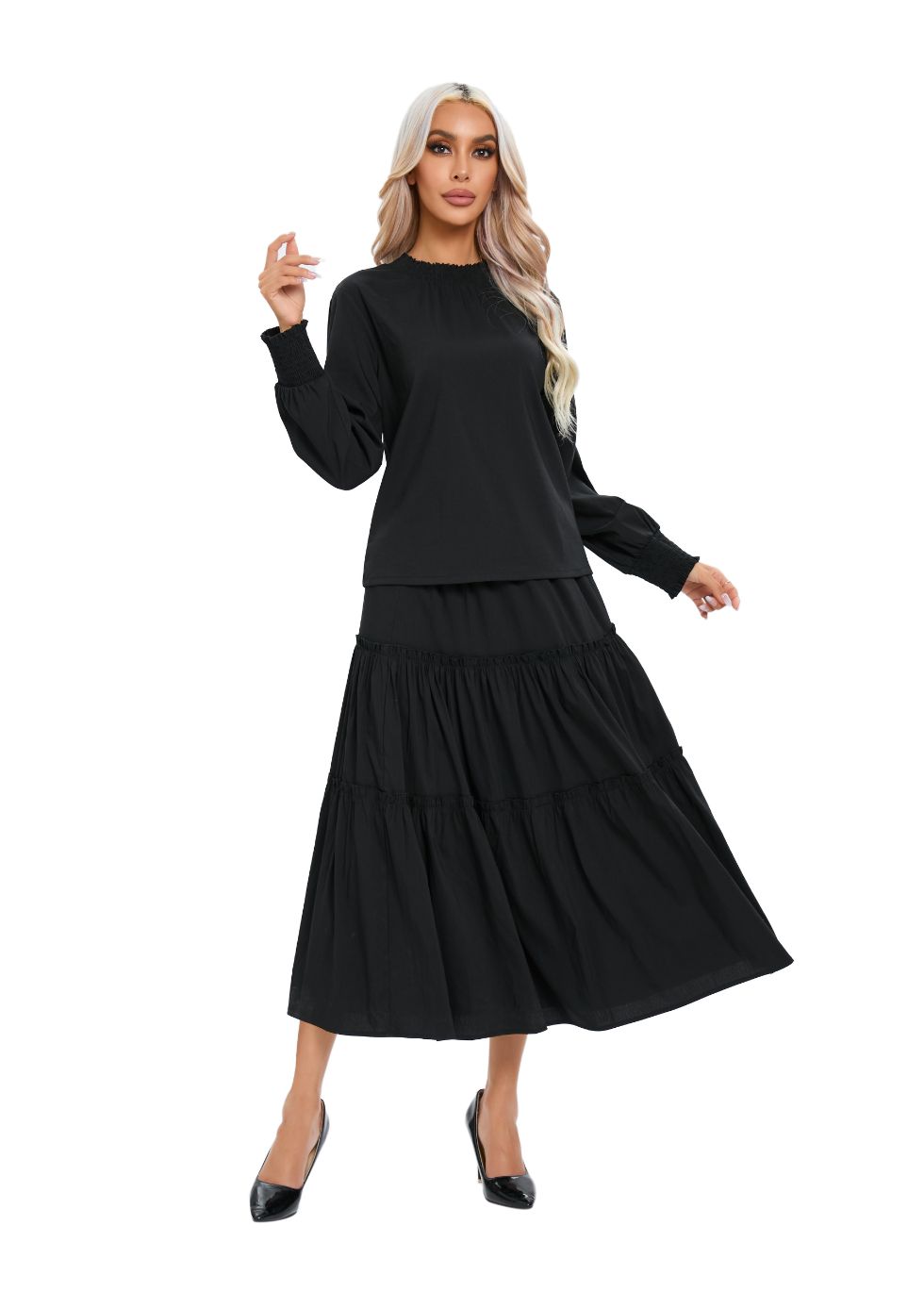 Long Sleeve Top and Tiered Skirt Midi Dress Set - MissFinchNYC
