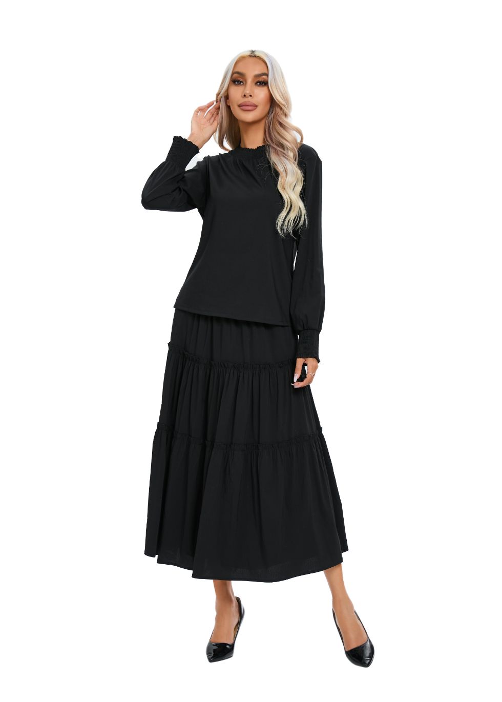 Long Sleeve Top and Tiered Skirt Midi Dress Set - MissFinchNYC