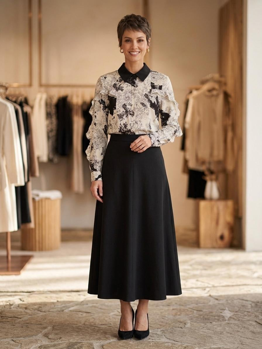 The Botanical Ruffle-Shoulder Blouse in Black