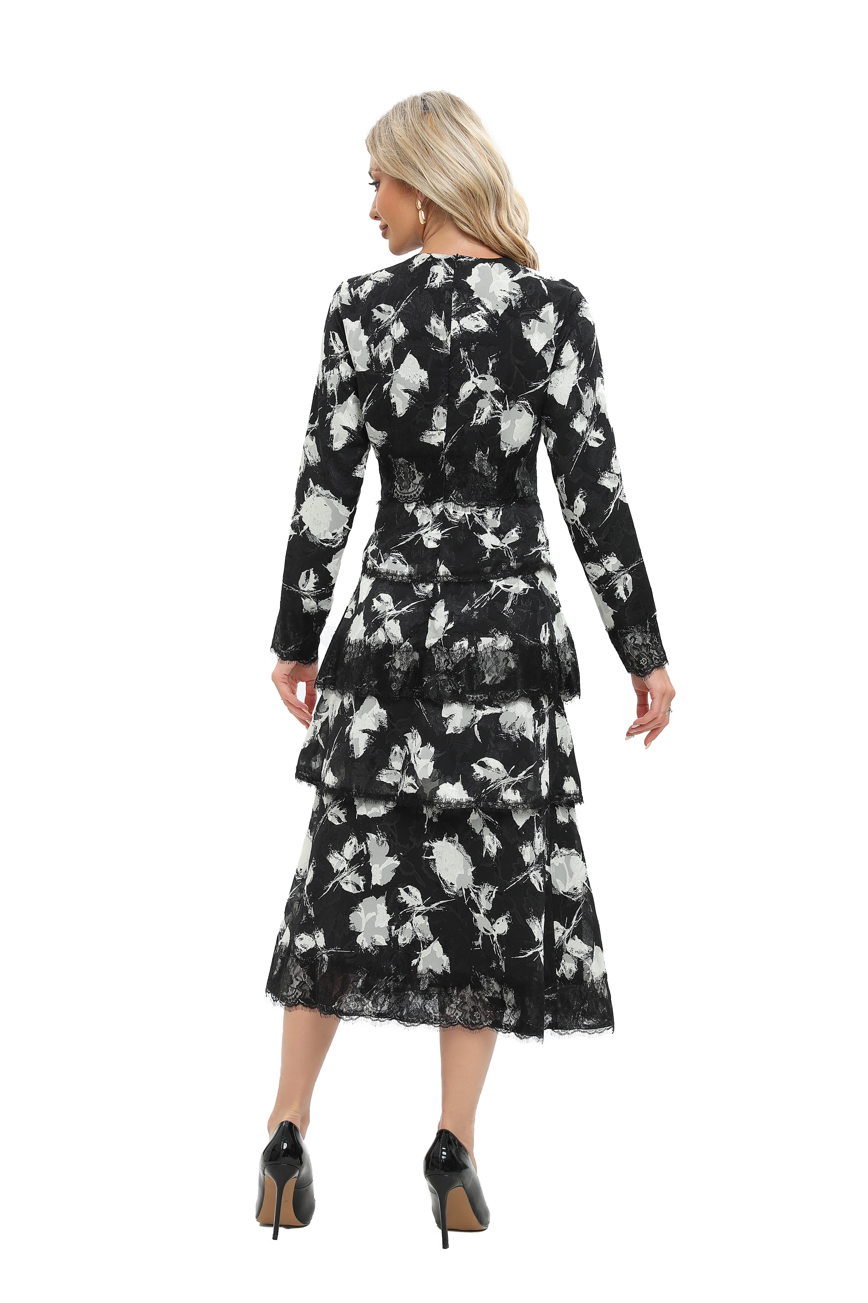 Monochrome Print Lace Detail Midi Dress