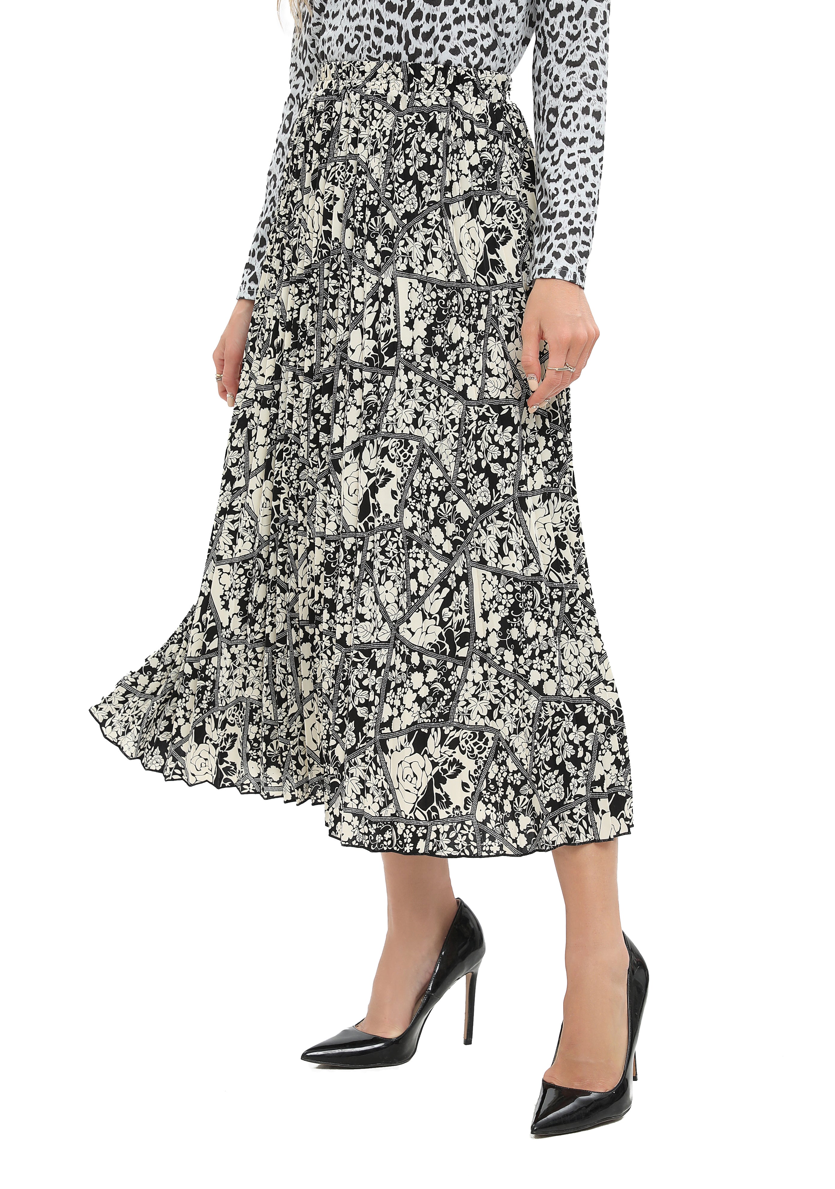 Monochrome Print Midi Pleated Skirt
