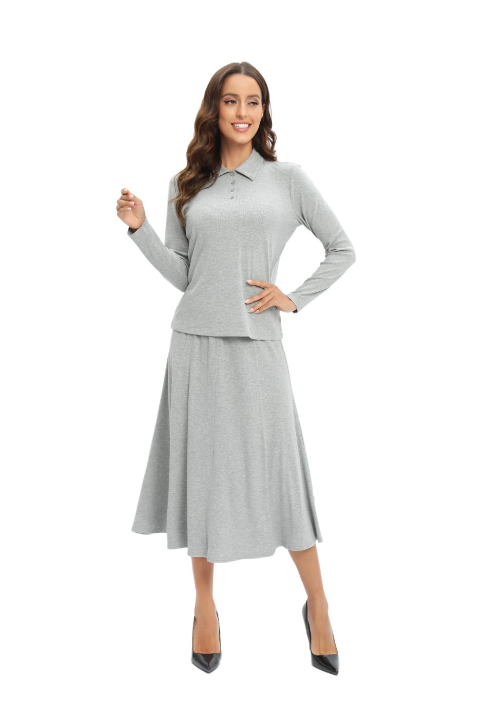 Grey Jersey Polo Shirt and Matching Skirt Set