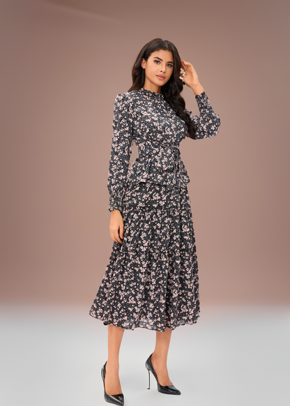 Rosy Elegance Two Piece Midi Dress Set