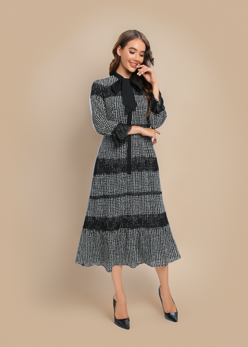 Classic Tweed Shift Dress with Bow Collar Detail