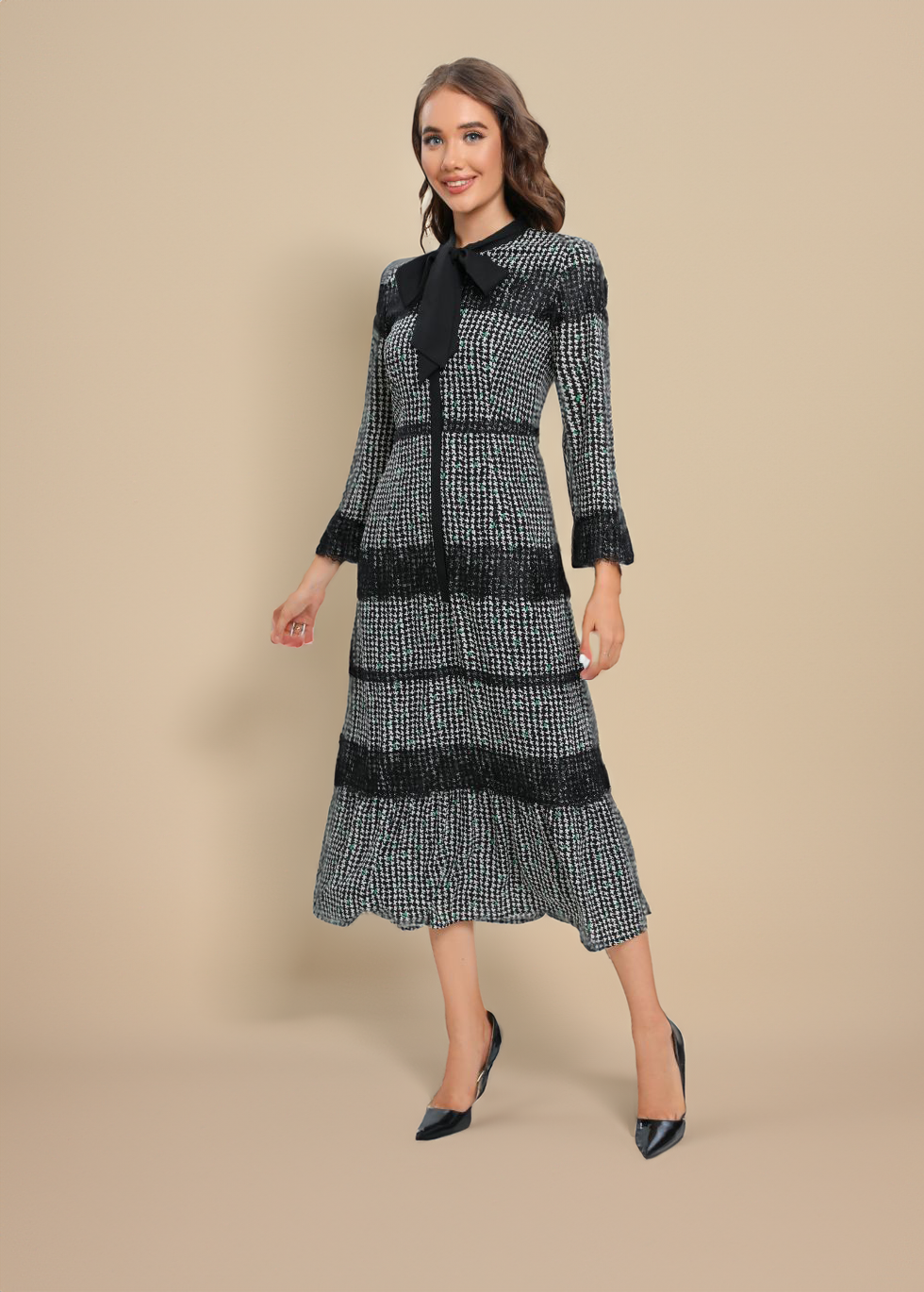 Classic Tweed Shift Dress with Bow Collar Detail