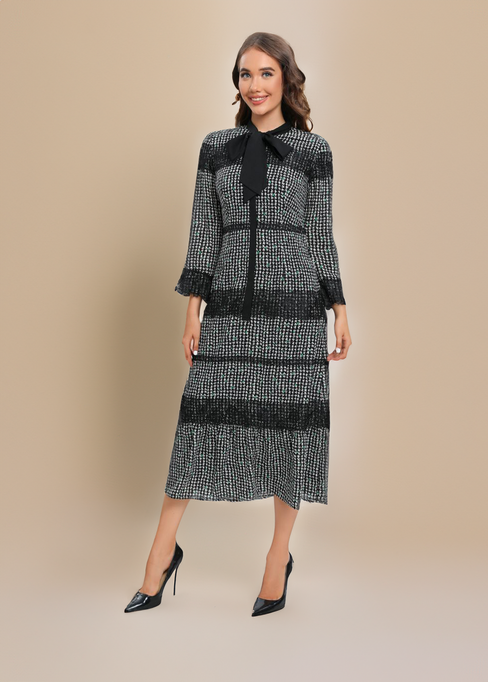 Classic Tweed Shift Dress with Bow Collar Detail