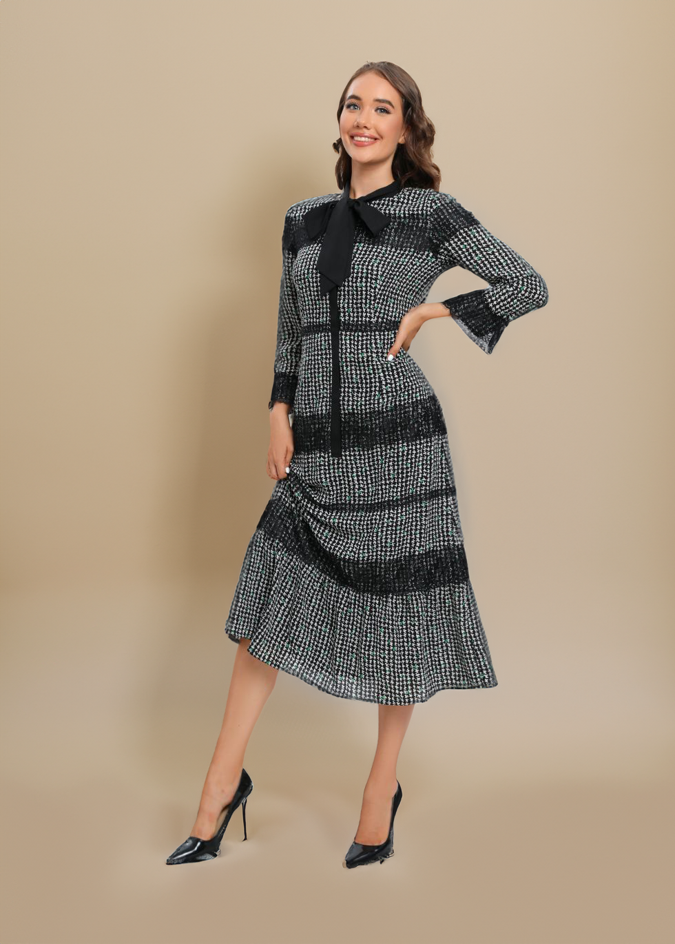Classic Tweed Shift Dress with Bow Collar Detail