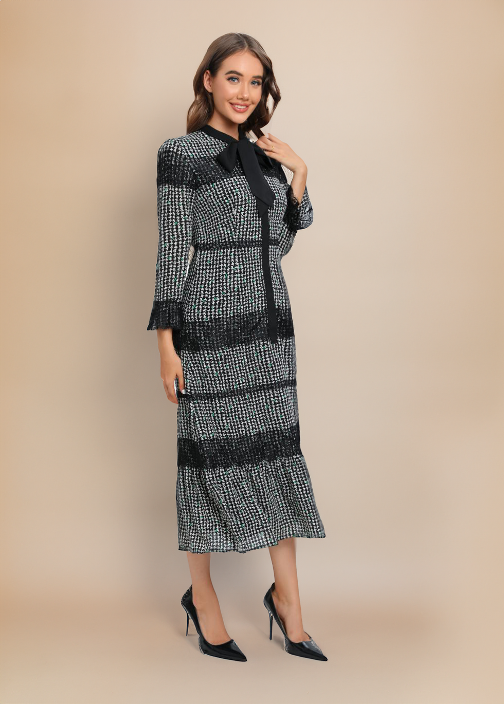 Classic Tweed Shift Dress with Bow Collar Detail