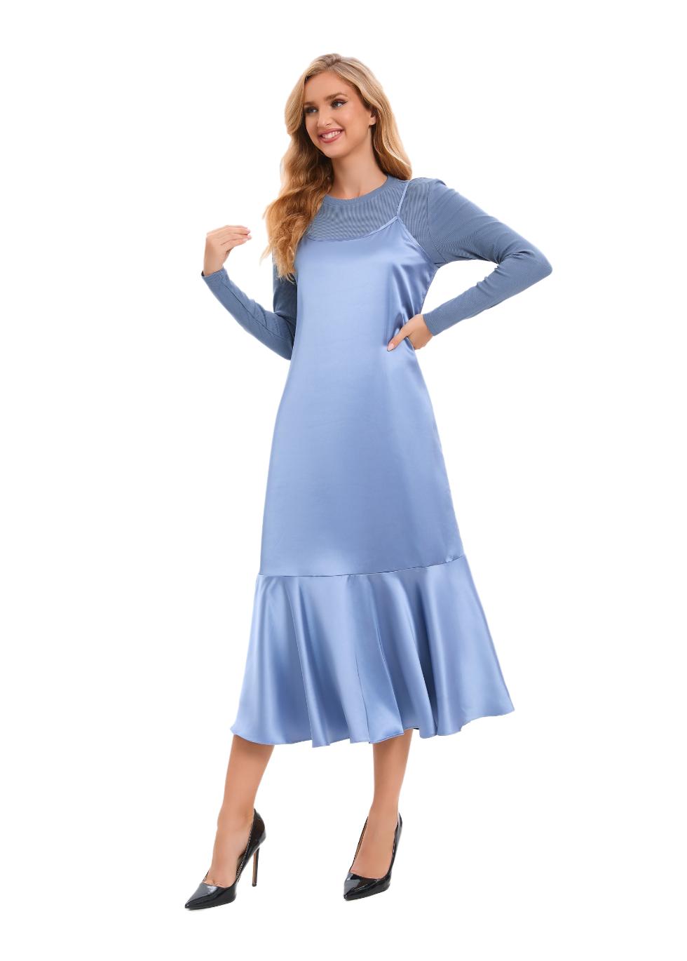 Satin Blue Midi Slip Dress Outfit Set