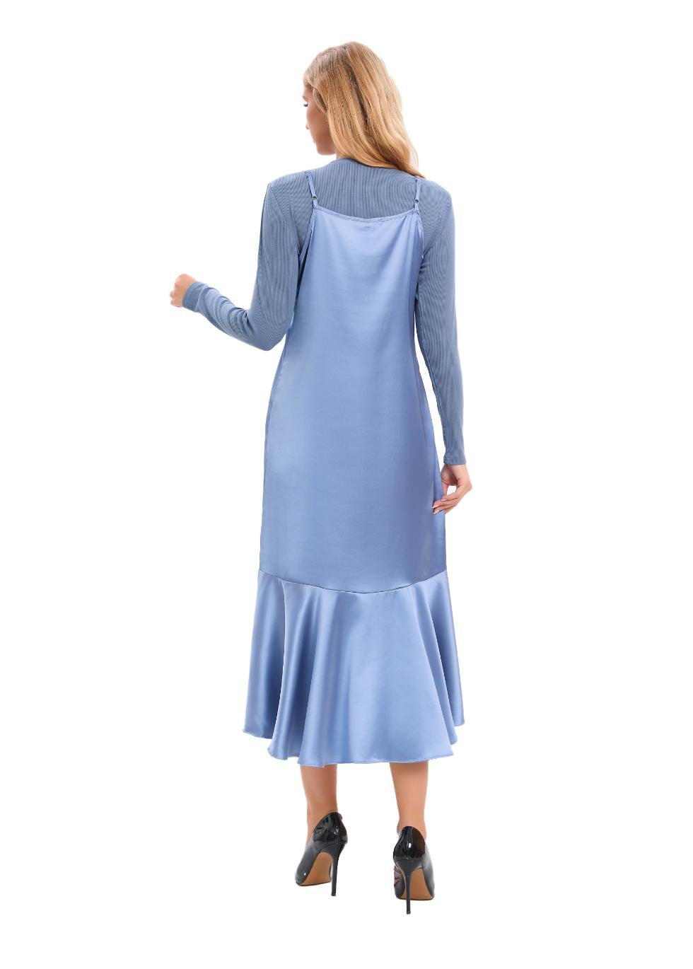 Satin Blue Midi Slip Dress Outfit Set