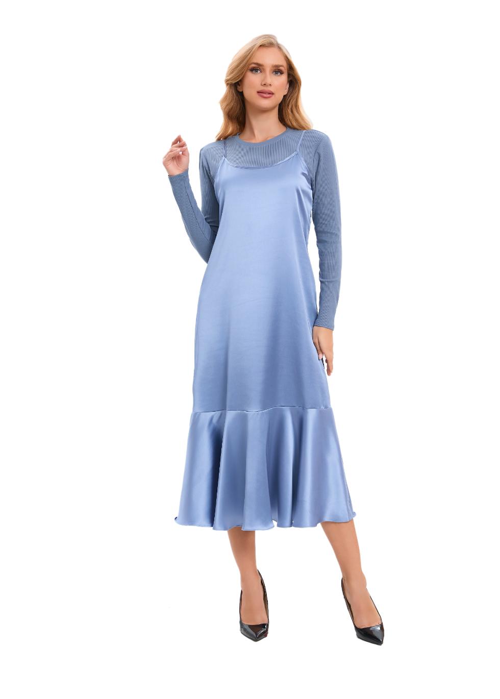 Satin Blue Midi Slip Dress with Top