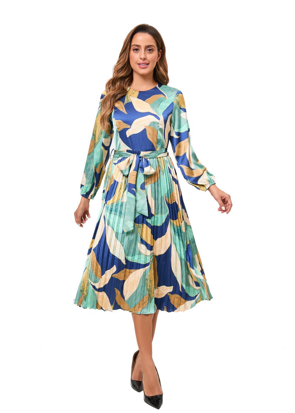 Feather Print Belted Midi Dress
