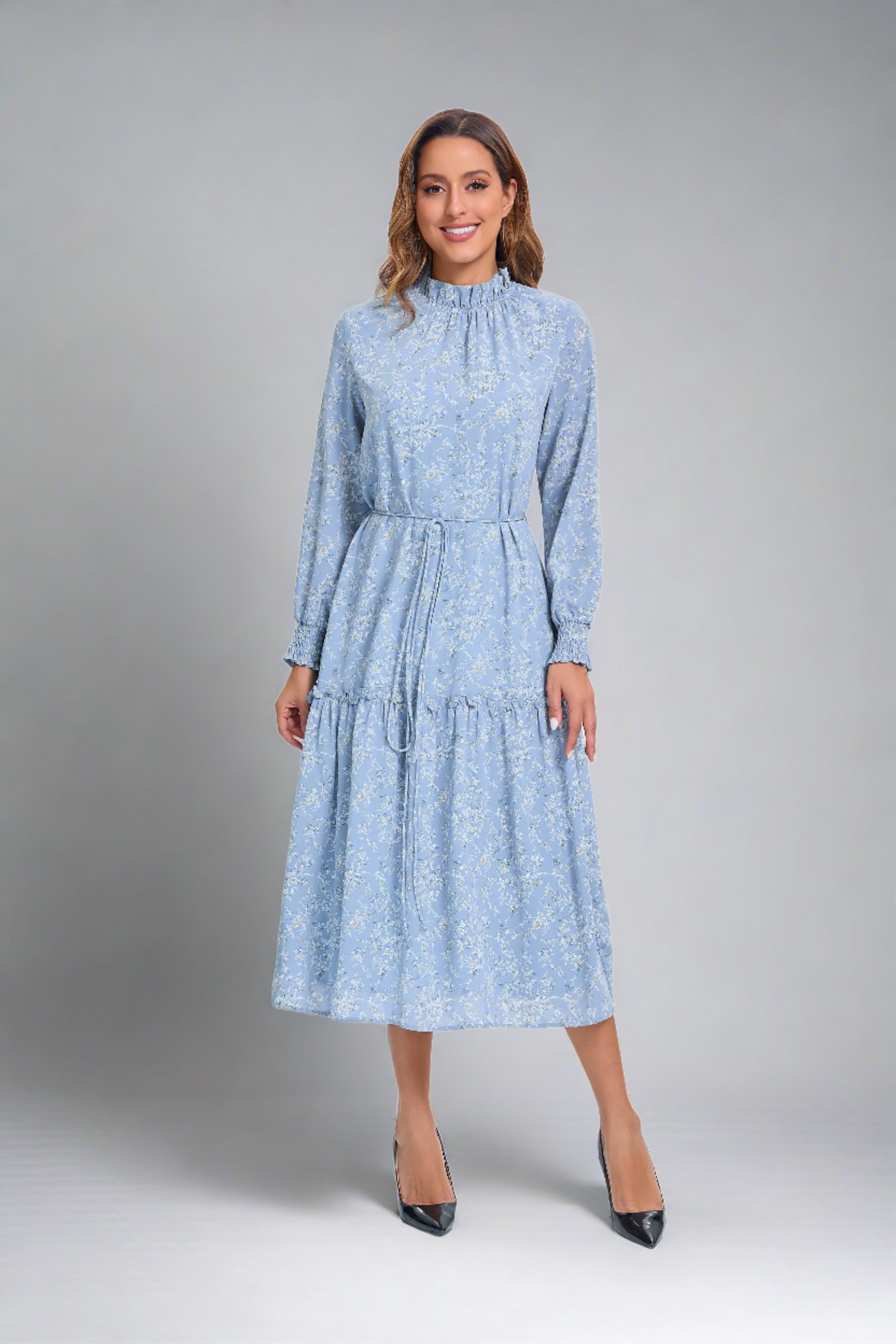 Blue Blossom Tiered Midi Dress
