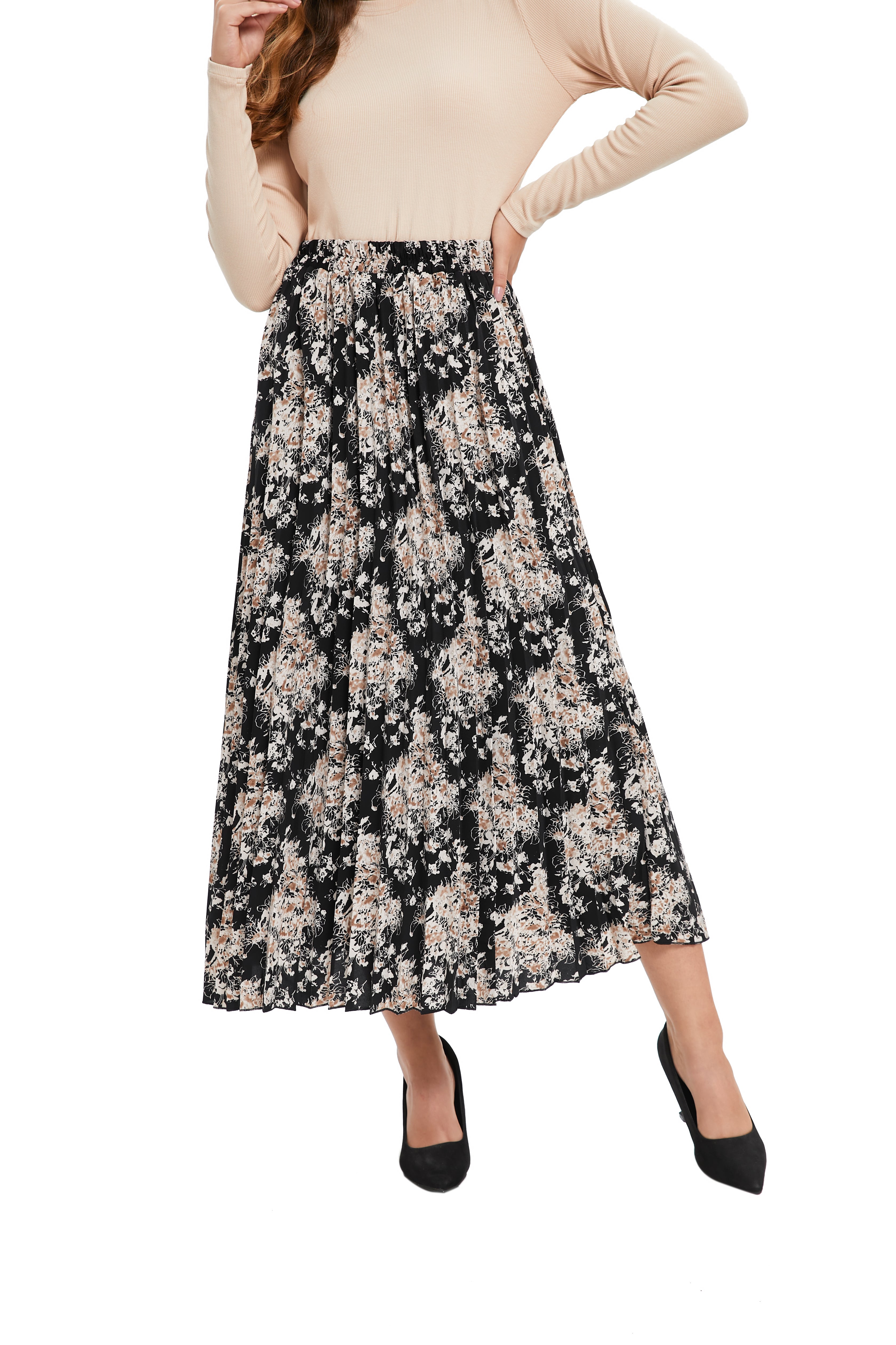 Beige Blossom A-Line Skirt