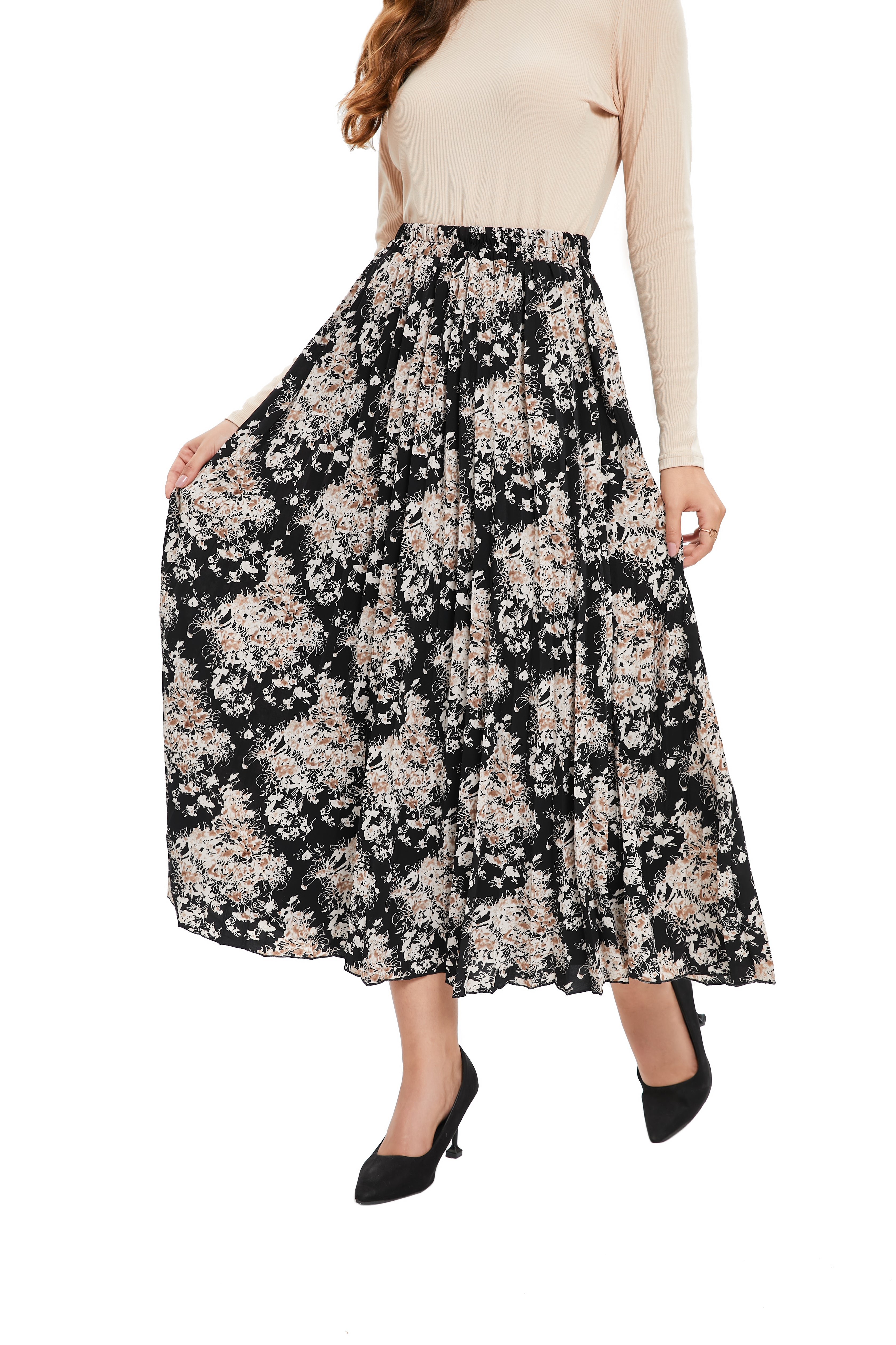 Beige Blossom A-Line Skirt