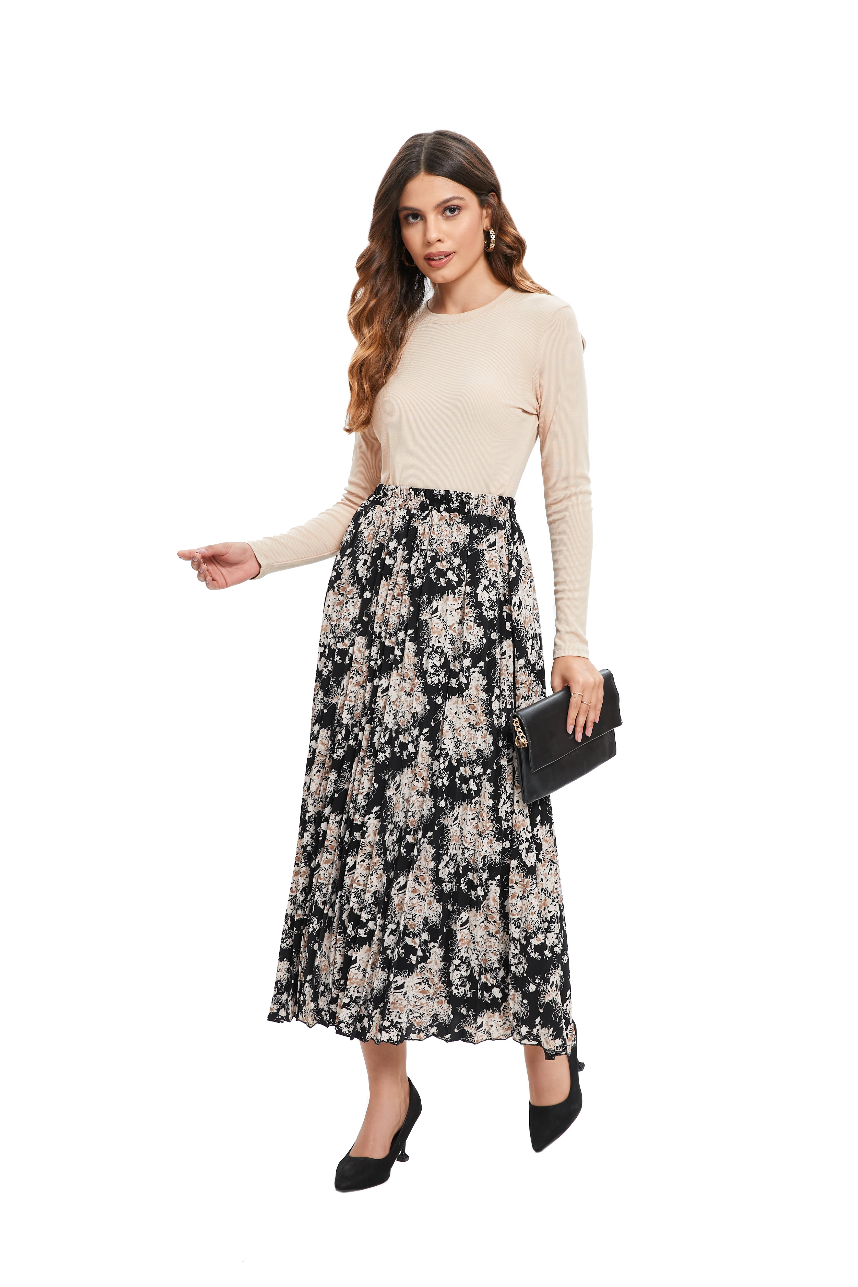 Beige Blossom A-Line Skirt