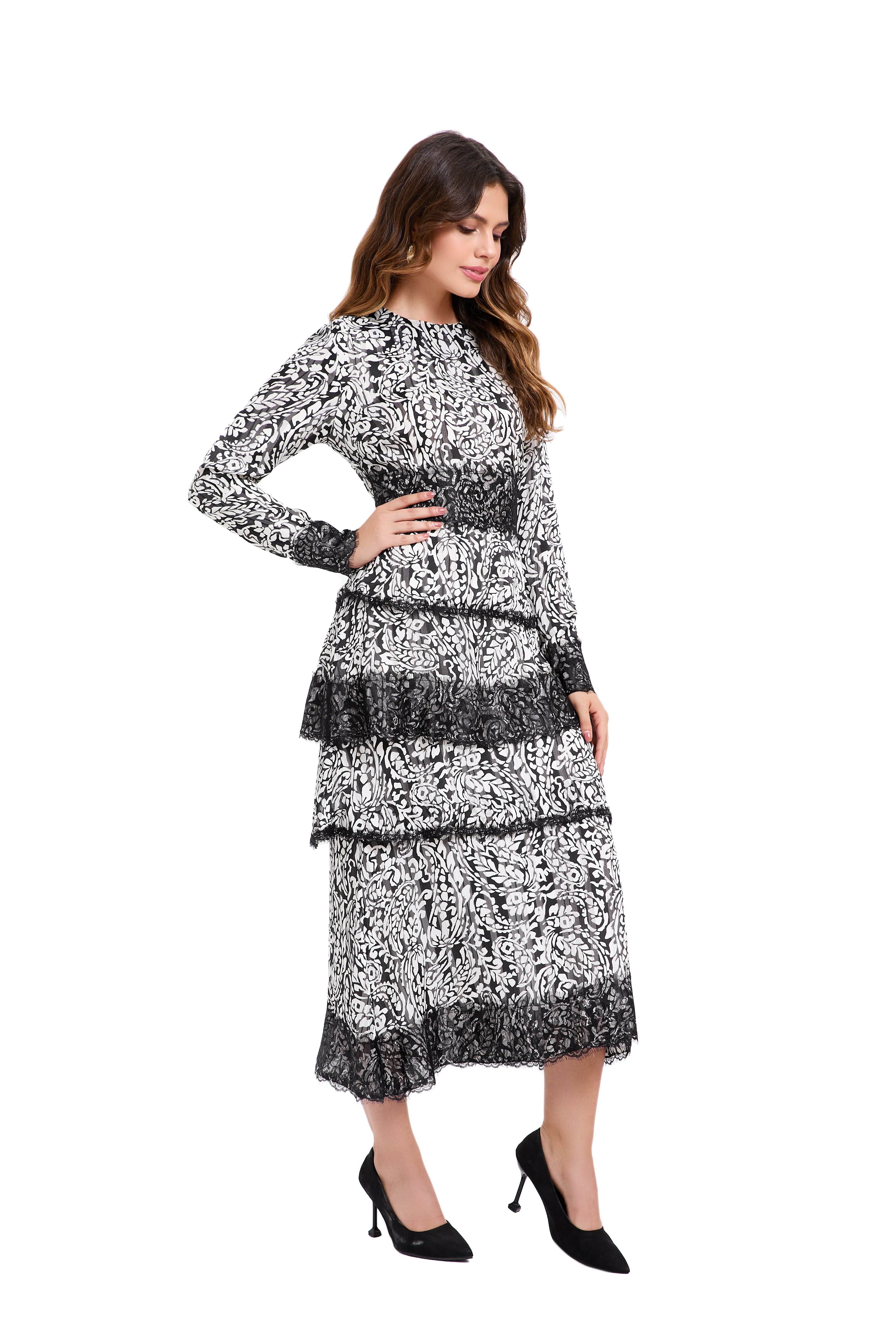 Ink Blossom Tiered Midi Dress