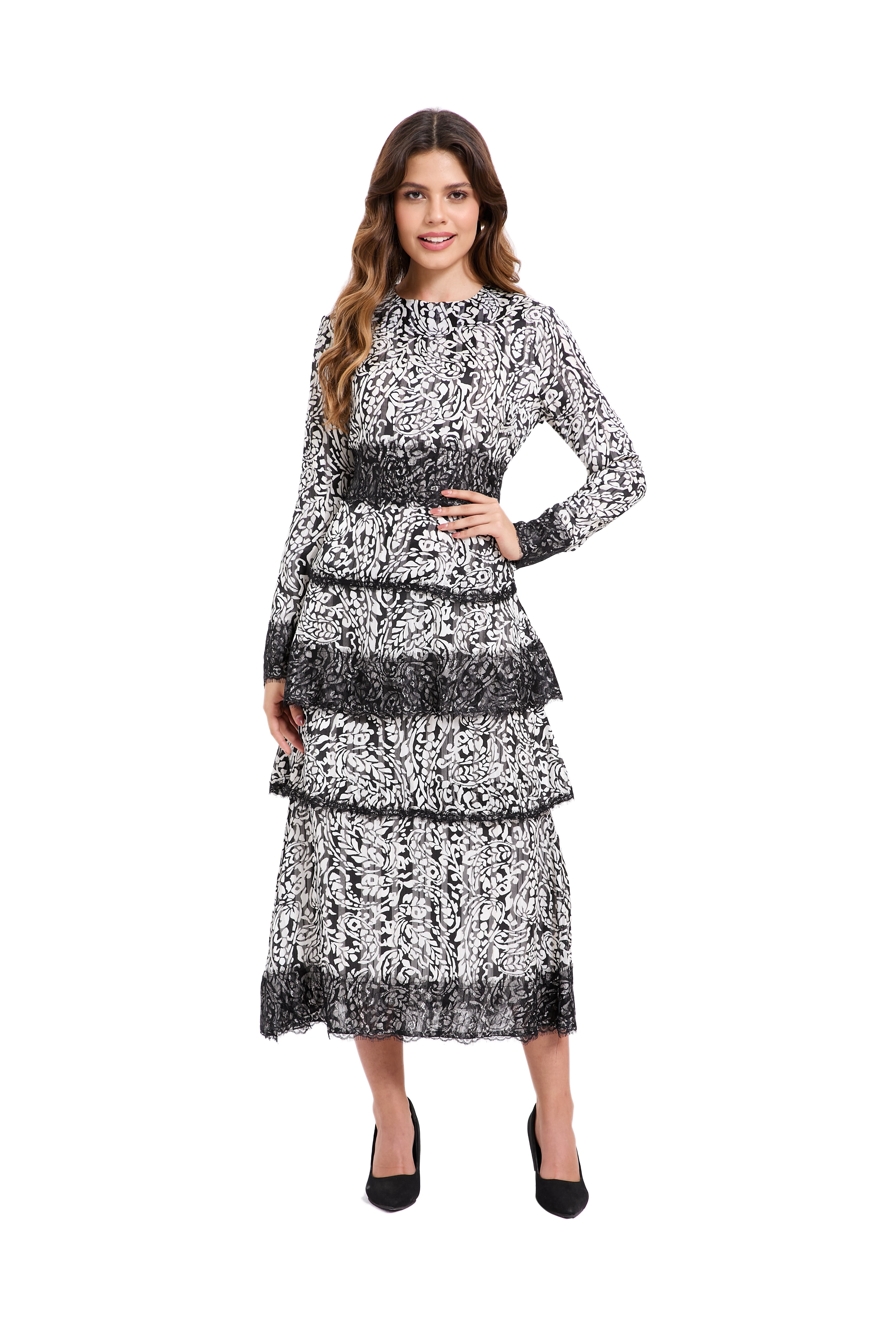 Ink Blossom Tiered Midi Dress