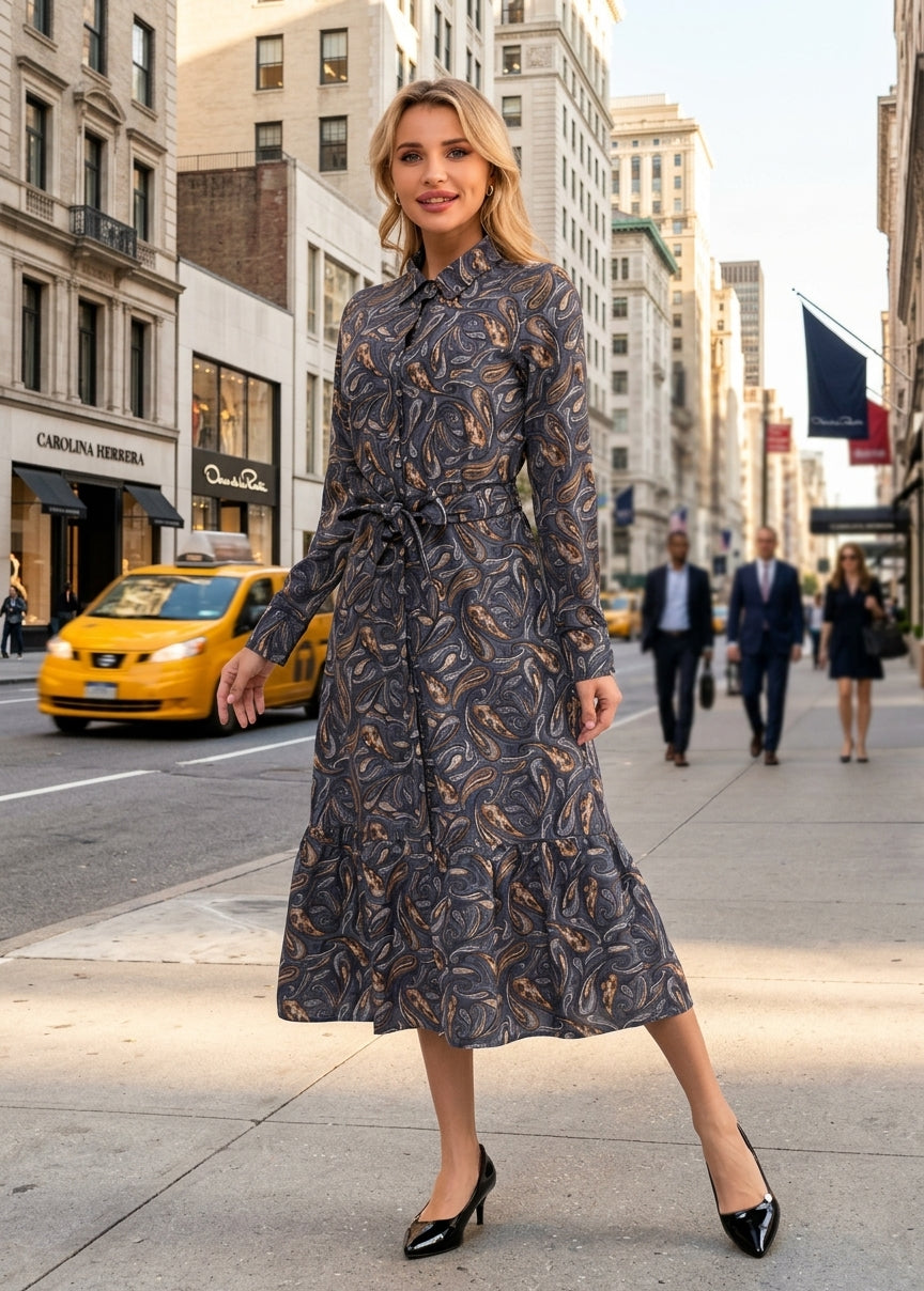 Charcoal Paisley Long-Sleeve Midi Shirt Dress | Belted A-Line Dress