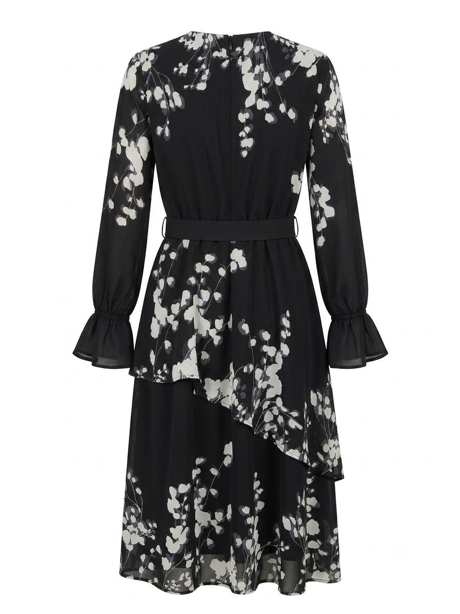 Modest Floral Poly Chiffon Lined Midi Dress – Black & White