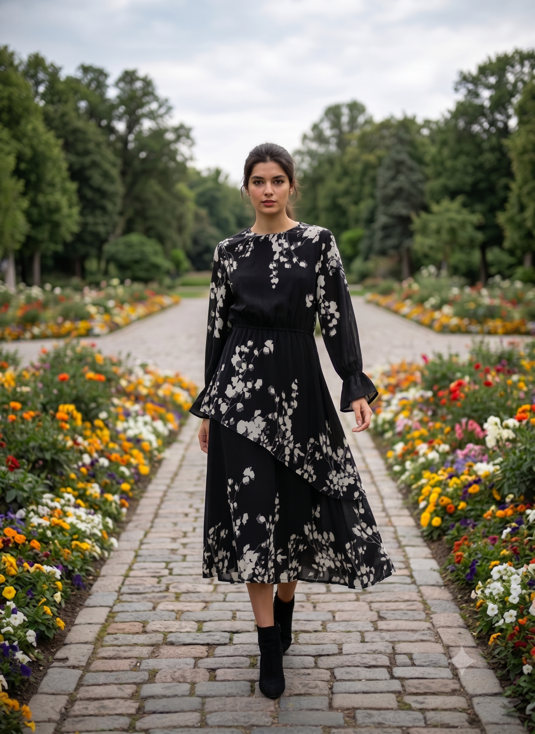 Modest Floral Poly Chiffon Lined Midi Dress – Black & White