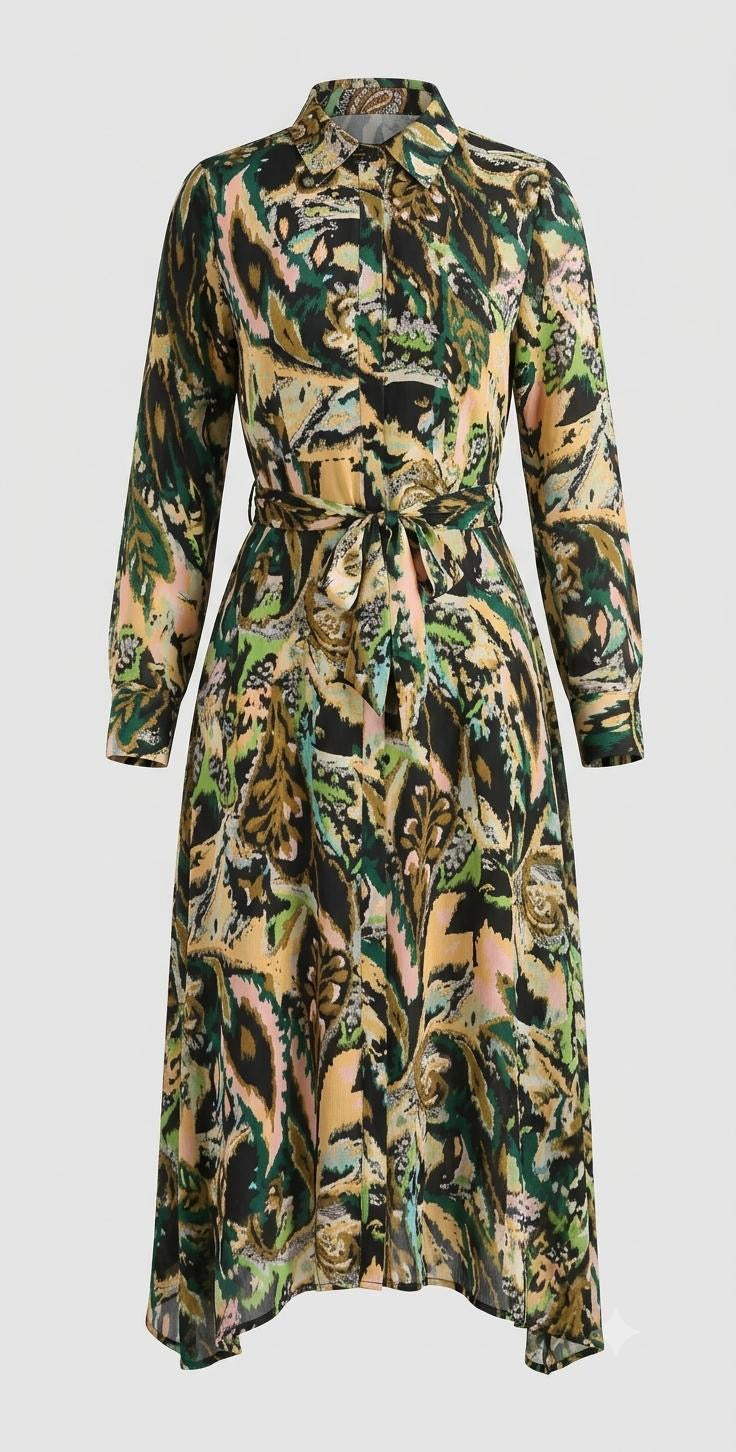 Modest Abstract Ikat Print Belted Midi Shirt Dress with Pockets