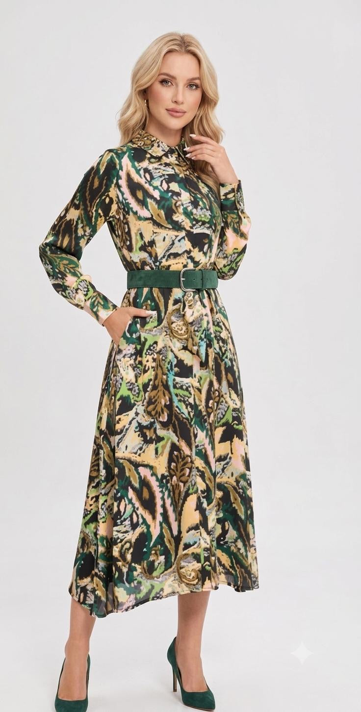 Modest Abstract Ikat Print Belted Midi Shirt Dress with Pockets