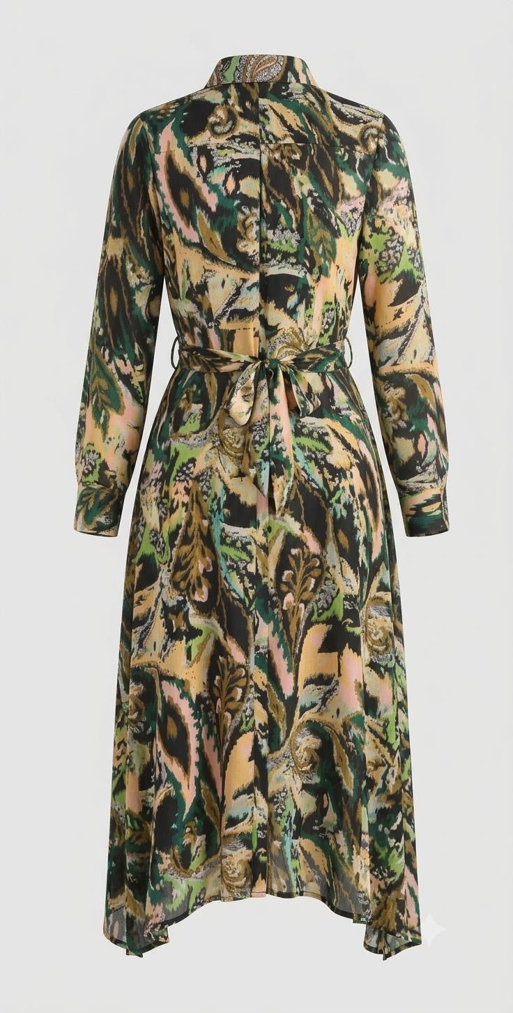 Modest Abstract Ikat Print Belted Midi Shirt Dress with Pockets