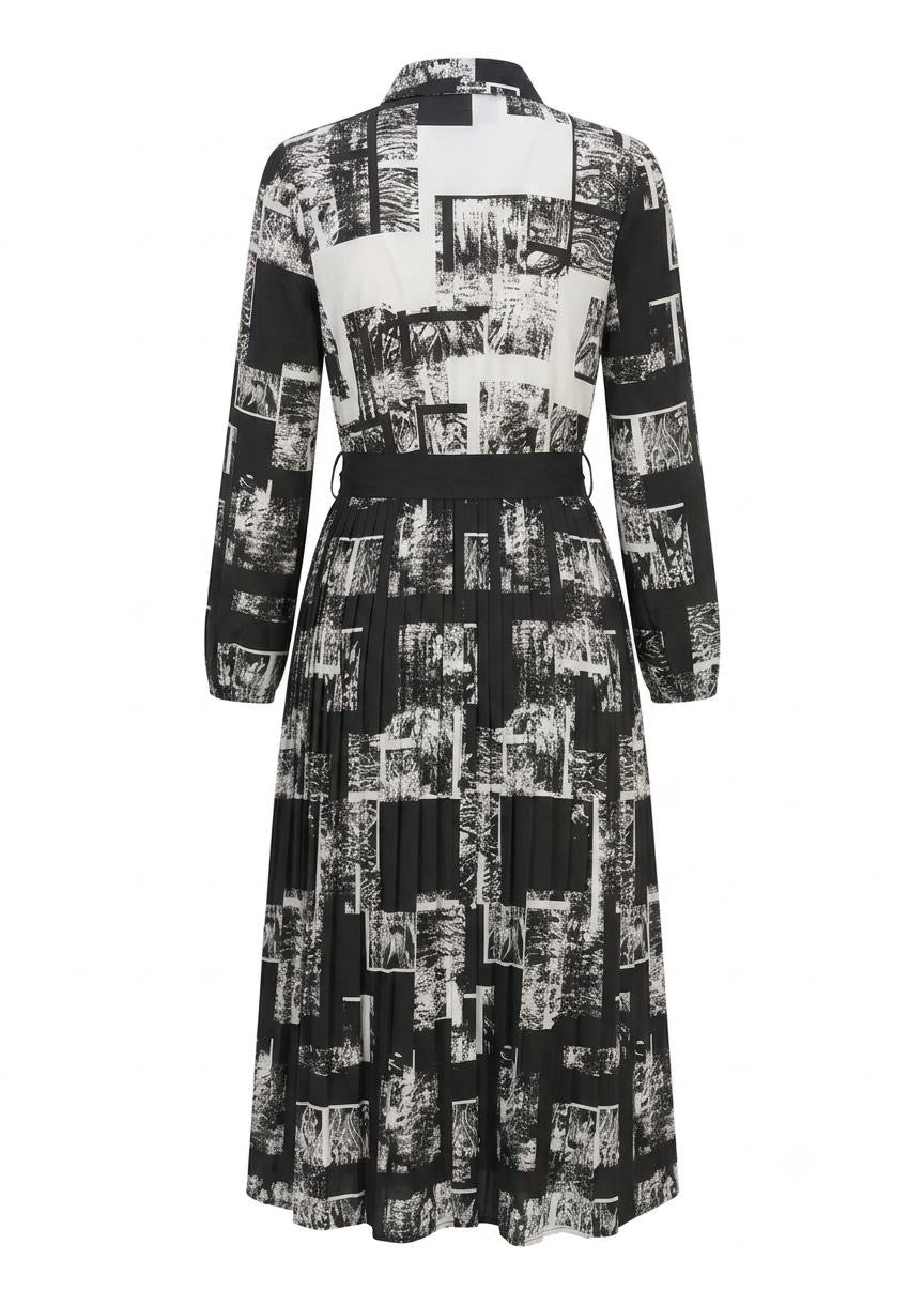 Modest Black & White Abstract Block Print Belted Midi Dress