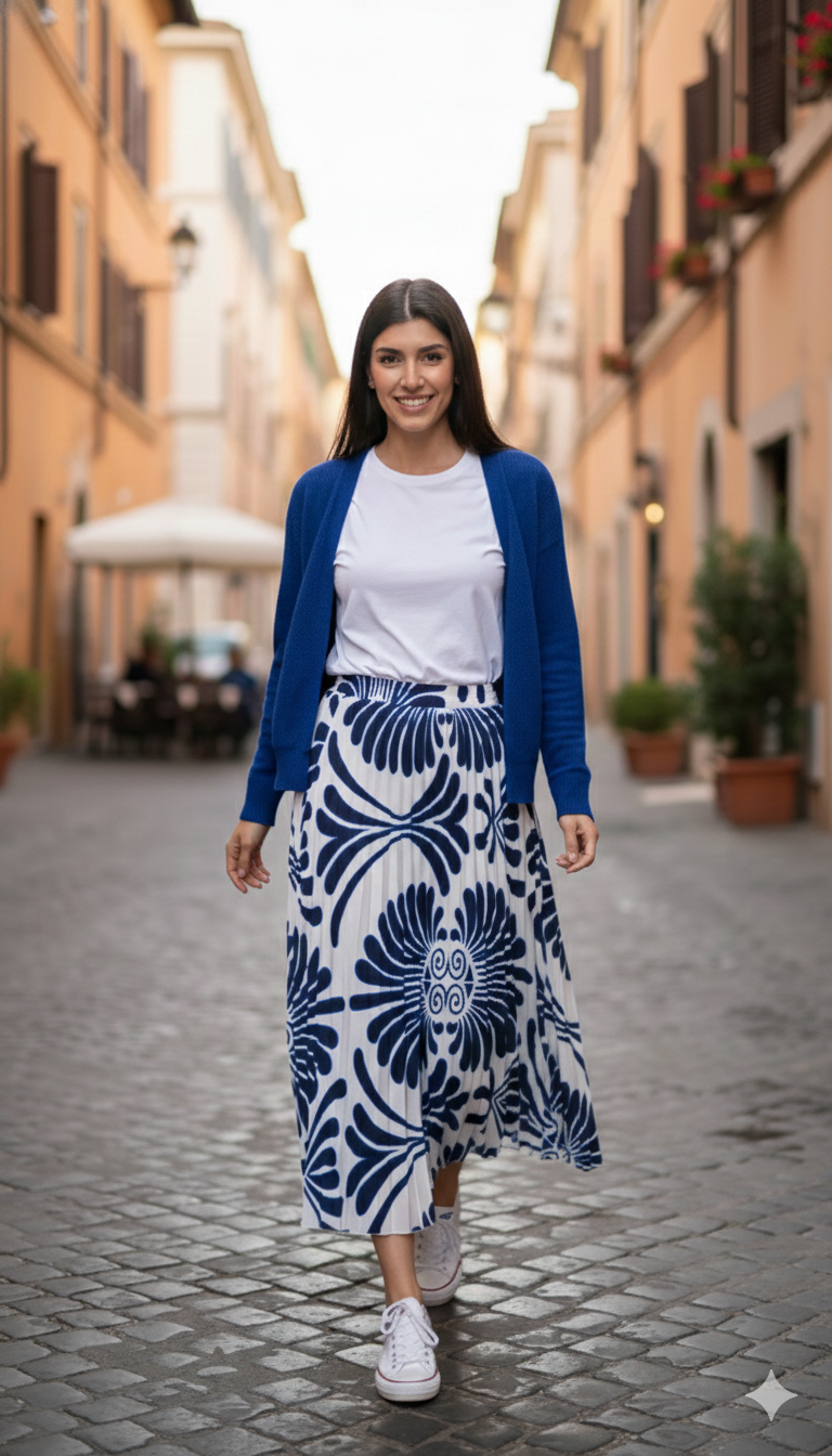 Modest Blue & White Botanical Print Pleated Midi Skirt