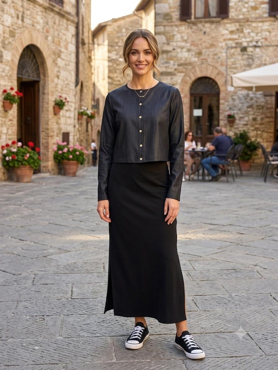 Cropped Collarless Black Chambray Jacket only