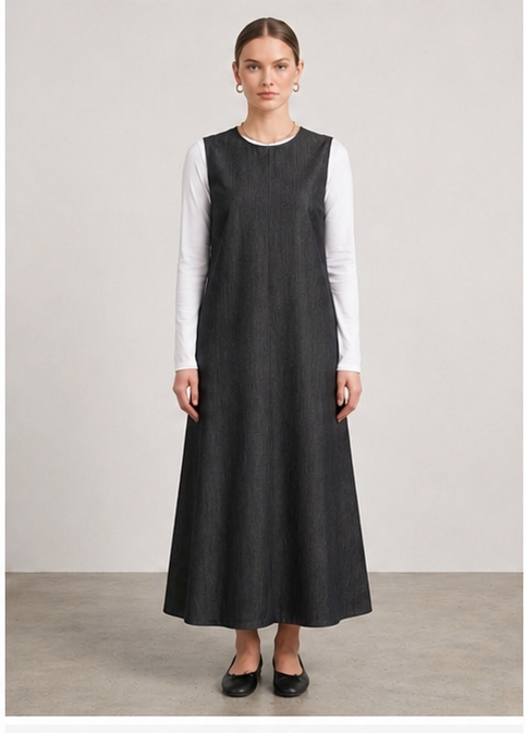 Black denim midi dress by MissFinchNYC, front view showing fitted silhouette and classic round neckline.