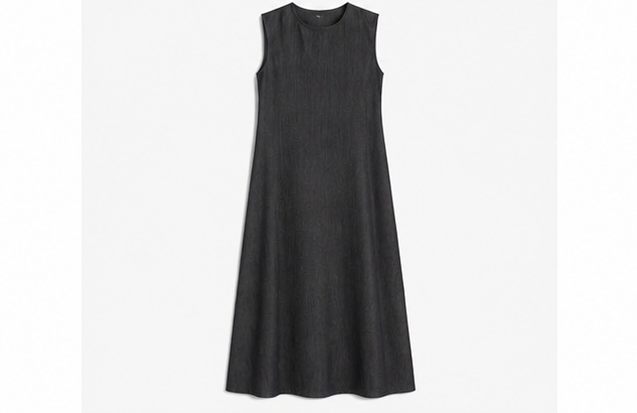 Black denim midi dress by MissFinchNYC, showcasing a fitted style with a round neckline and sleeveless design.