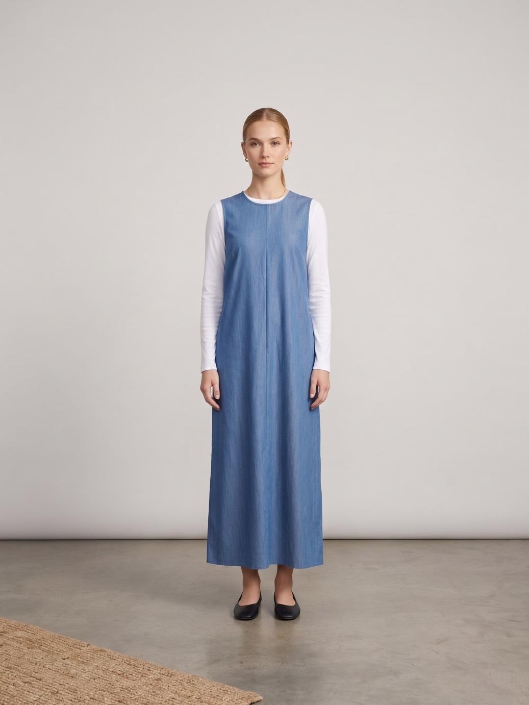 MissFinchNYC denim blue midi dress with long sleeves, back view, stylish and modest for women.
