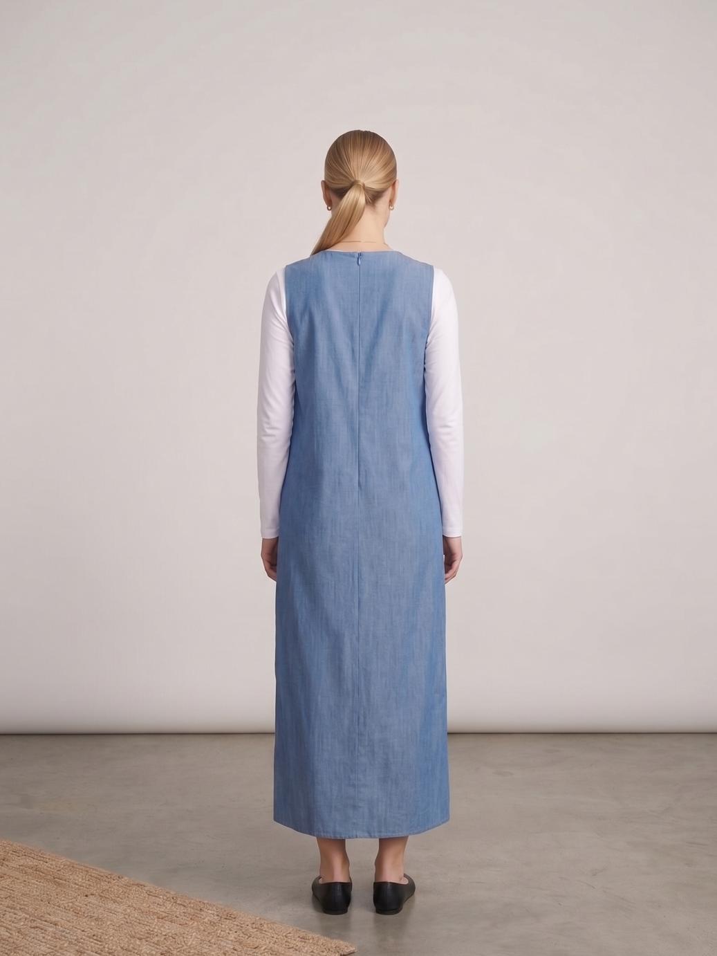 MissFinchNYC denim blue midi dress with long sleeves, front view, casual and modest style for women.