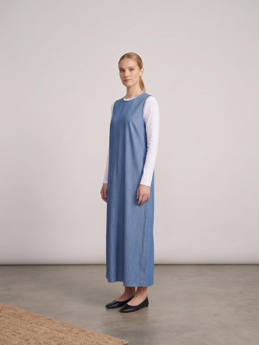 MissFinchNYC denim blue midi dress with long sleeves, featuring a modest design and side view for women.