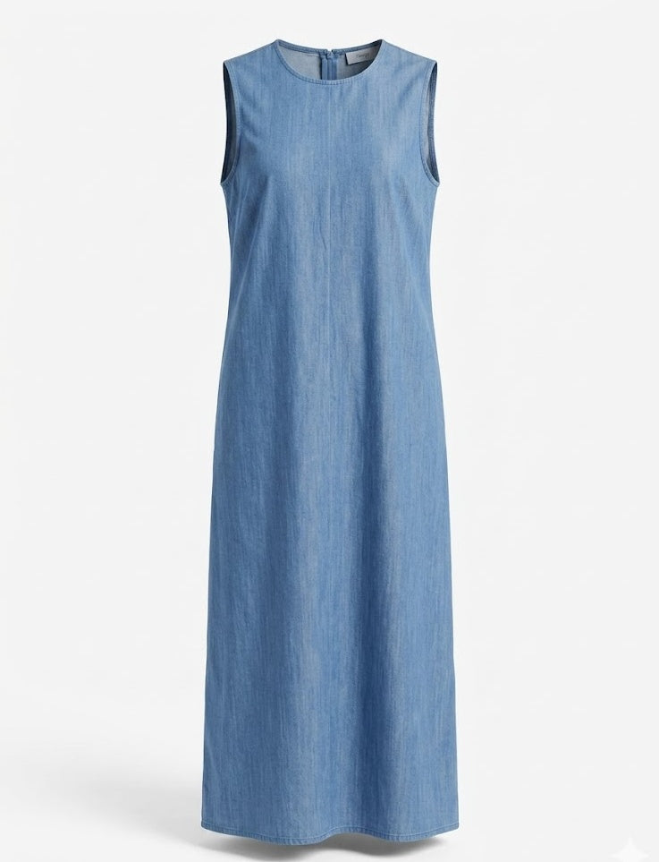 MissFinchNYC denim blue midi dress, sleeveless and modest, shown from the front on a woman. Stylish and comfortable women's dress.