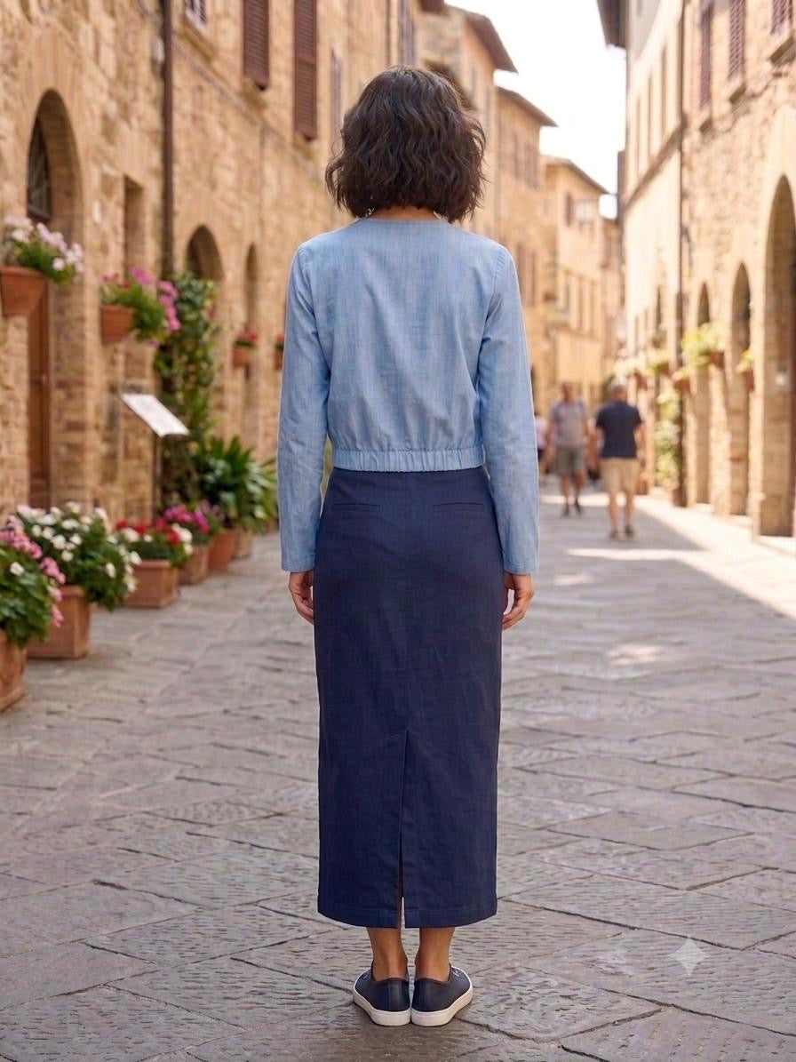 Cropped Collarless Blue Denim Tie-Waist Jacket