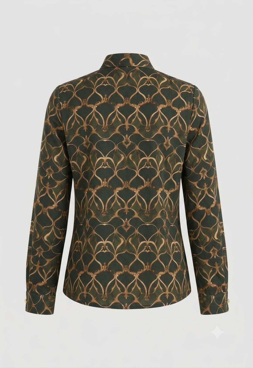 Emerald Green Pussy Bow Blouse with Gold Chain Print