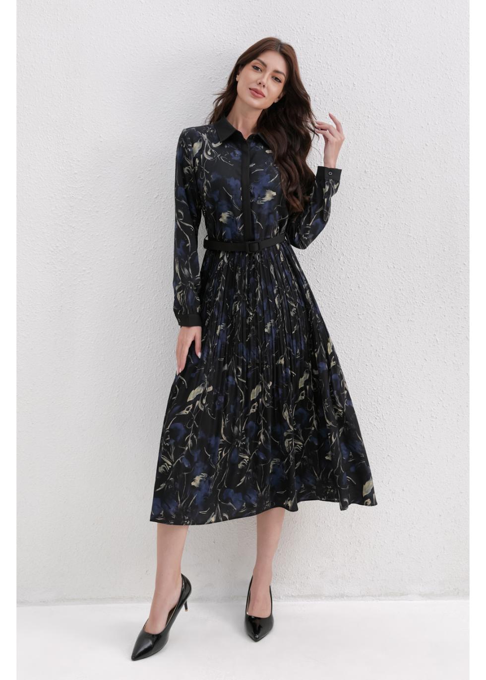 Midnight Petal Pleated Midi Dress - MissFinchNYC