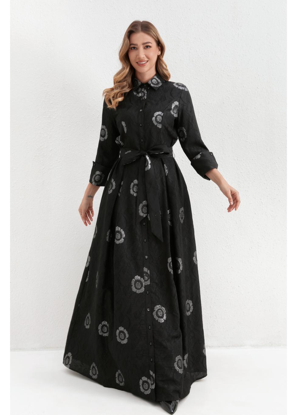 Onyx Silver Blossom Maxi Dress